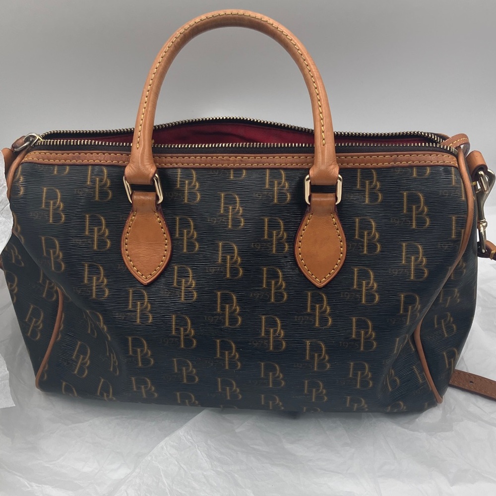 Dooney & Bourke Navy and Tan Monogram Satchel